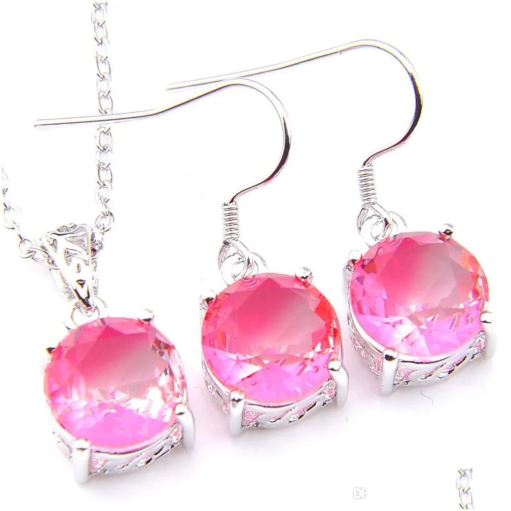 Earrings & Necklace Luckyshine Women Gift Round Pink Bi Colored Tourmaline Gems 925 Sterling Sier Plated Pendants Drop Earrings Engage Dhwad