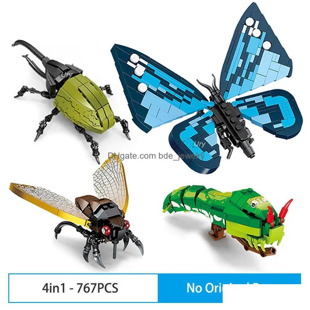 blocks animal model bee butterfly cricket grasshopper set building blocks diy children puzzle assemble toys for kid gifts r230905