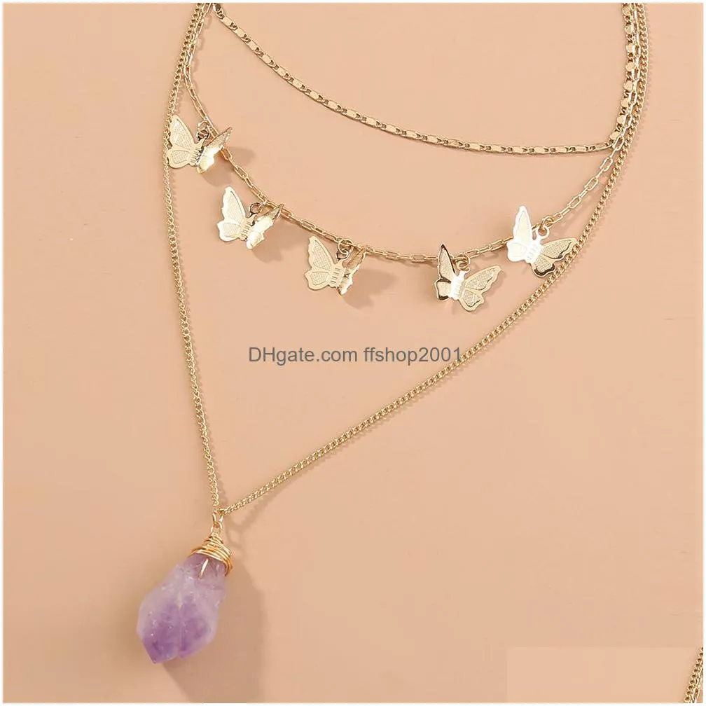 Pendant Necklaces Natural Stone Pendant Butterfly Choker Necklace Collar Gold Chains Mti Layer Wrap Women Fashion Jewelry Will And San Dhnyl