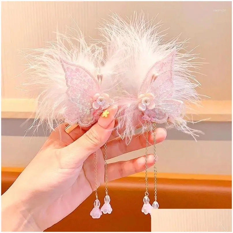 Hair Accessories 1 Pair Elegant Tassel Butterfly Hairpin For Children White Color Feather Side Clip Vintage Hairclip Girl