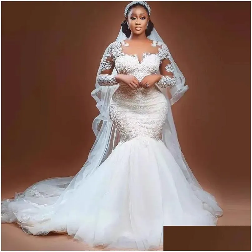 Mermaid Wedding Dresses 2023 Arabic White Mermaid Wedding Dresses Long Train Gillter Beaded Crystals Illusion Sleeve Bridal Gowns Turk Otsij