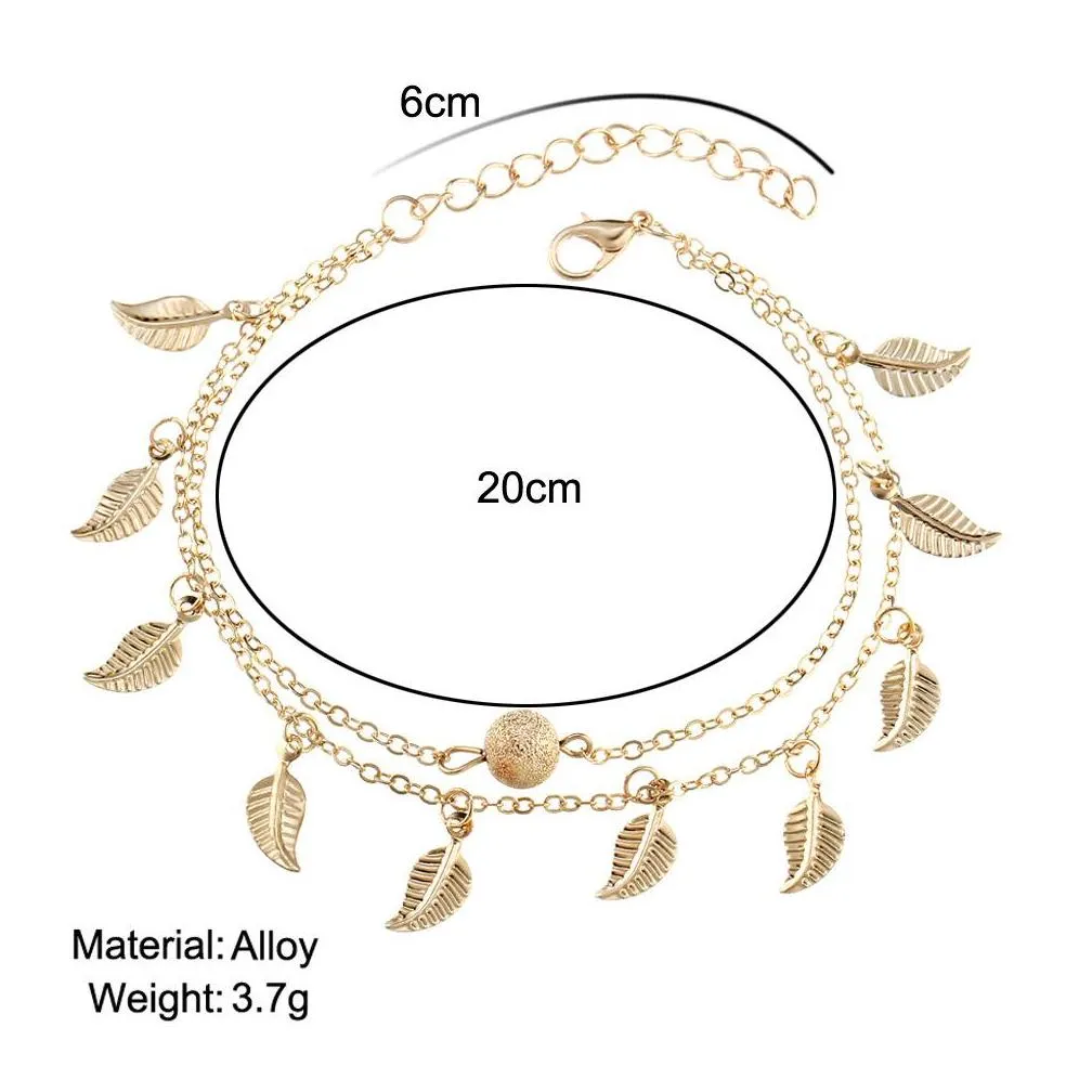 Anklets Sier Gold Double Layer Tassel Leaf Anklets Bracelets Beach Foot Chain Fashion Jewelry For Drop Delivery Jewelry Dhvmw