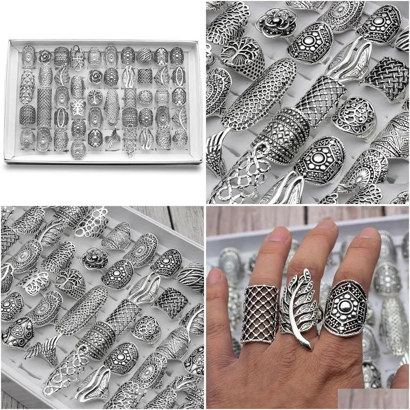 Band Rings Women Bohemian Vintage Carved Flower Sier Plated Jewelry Rings For Gift Party Size 17Mm To 21Mm Mix Drop Delivery Jewelry R Dhaxz