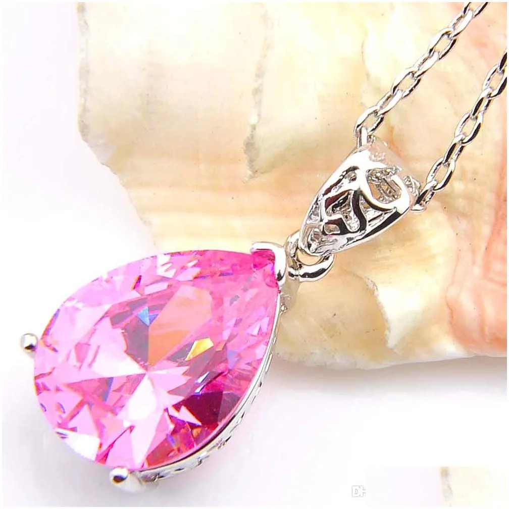 Earrings & Necklace Luckyshine 5 Set Lot Water Drop Pink Kunzite Gemstone 925 Sier For Women Crystal Zircon Necklaces Pendant Earrings Dh8Wc