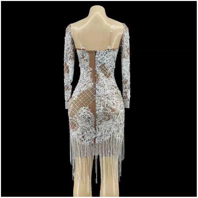 Stage Wear Sparkly Crystals Mesh Transparent Long Sleeves Rhinestones Chains Dress Evening Birthday Celebrate Party Nightclub