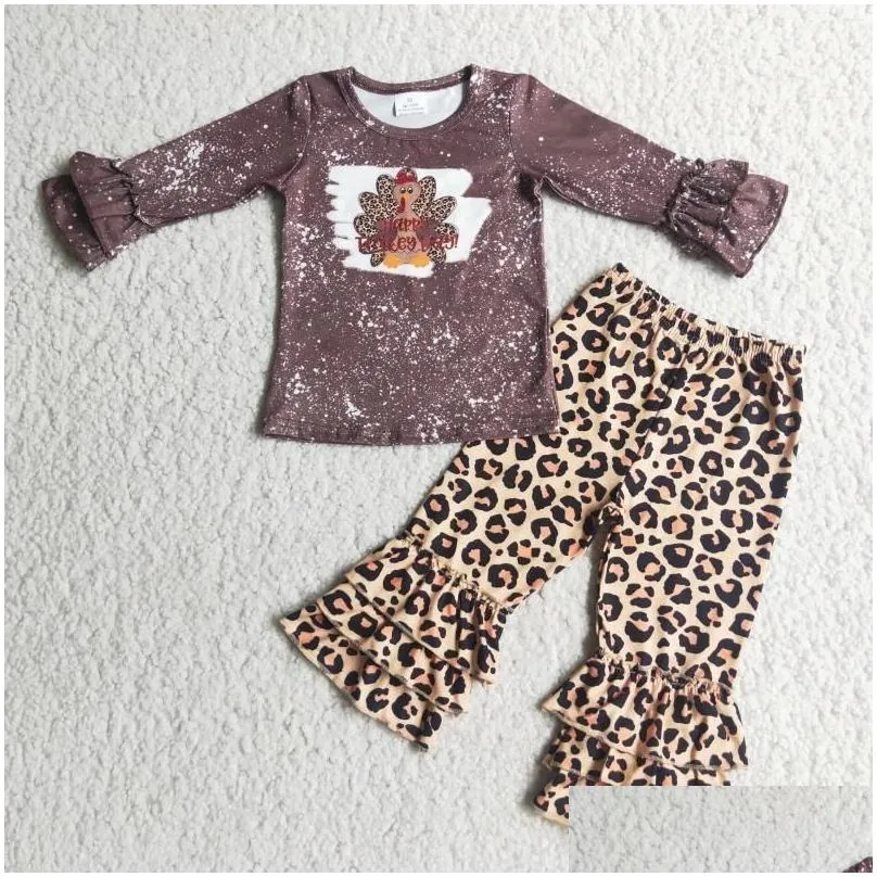 Clothing Sets 2023 Thanksgiving Day Western Style Thankful Tee Leopard Bell Bottoms Set For Baby Girls Designer Outfits