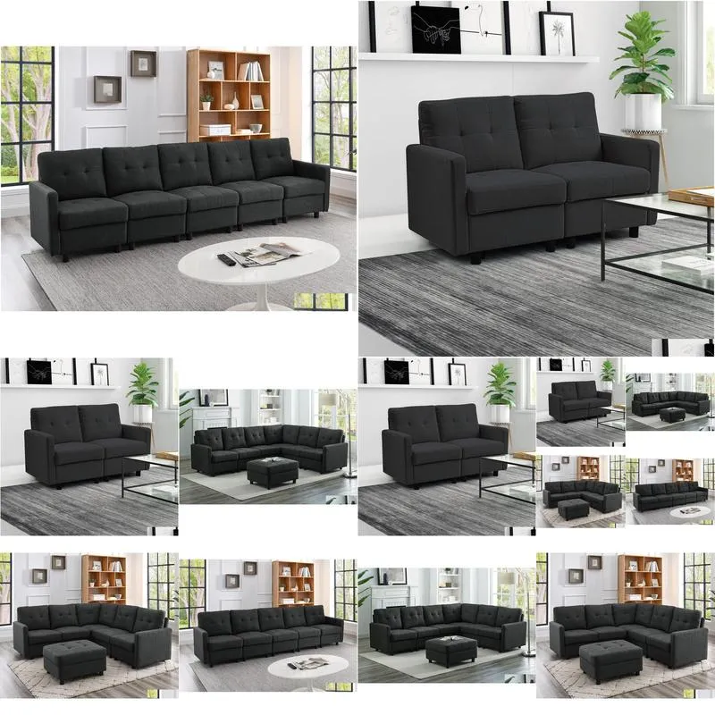 Sectional Sofa Set Modern Linen Fabric with Reversible Chaise L-Shaped Couch