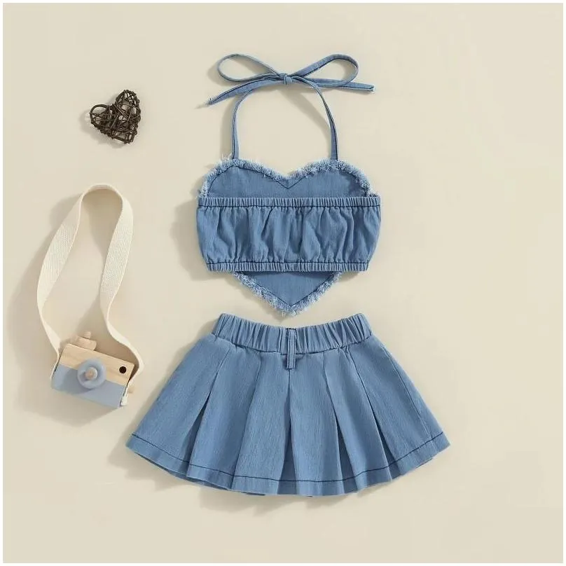 Clothing Sets Pudcoco Toddler Kids Baby Girls 2Pcs Denim Outfits Sleeveless Halter Neck Heart Tops Pleated Skirt Set Kid Clothes 1-6T