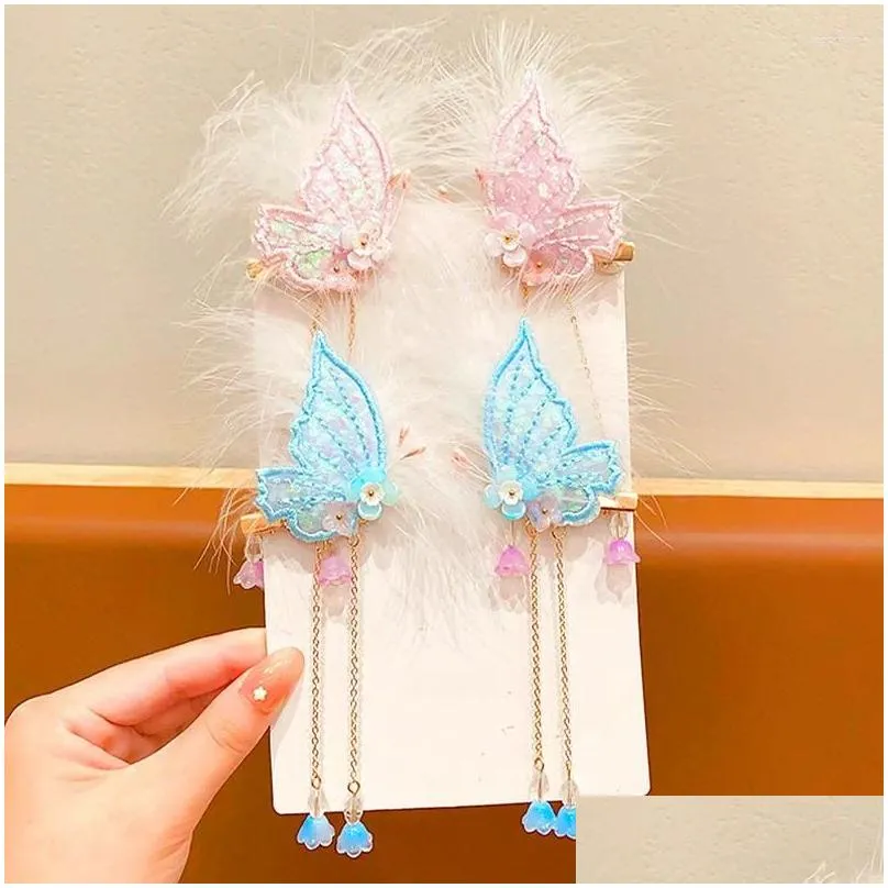 Hair Accessories 1 Pair Elegant Tassel Butterfly Hairpin For Children White Color Feather Side Clip Vintage Hairclip Girl