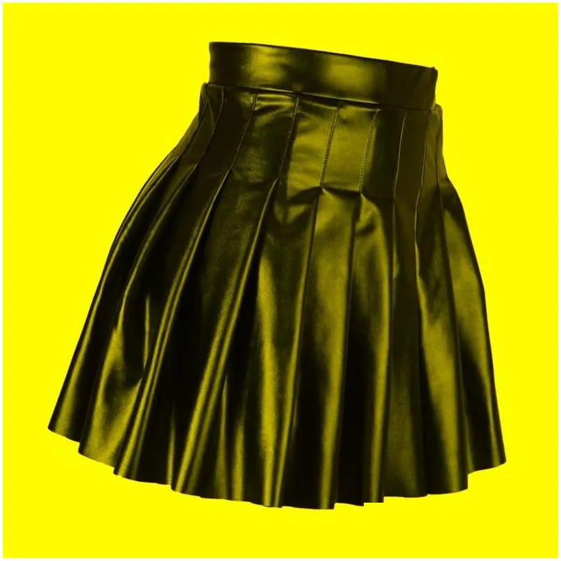 Skirts Spring Autumn Women Black Faux Leather High Waist Club Pleated A Line Solid Color Mini Short SkirtsSkirts