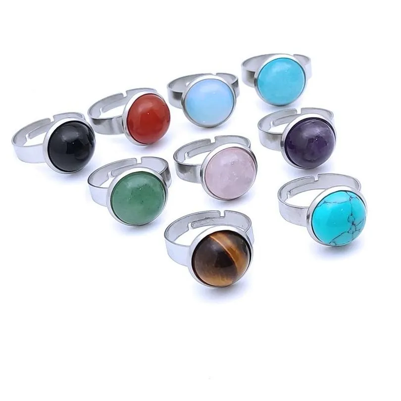 Cluster Rings 12Mm Stainless Steel Round Natural Stone Ring Tiger Eye Opal Pink Crystal Adjustable Rings For Women Pendientes Jewelry Dhdrw