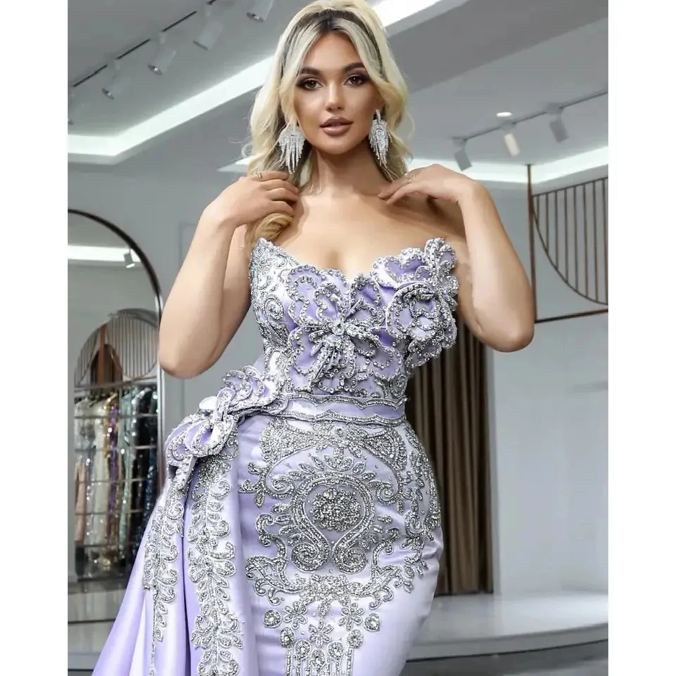 Exquisite Evening Dress For Women Mermaid Appliques Crystal Beaded Sleeveless Floor Length Detachable Train Elegant Gown