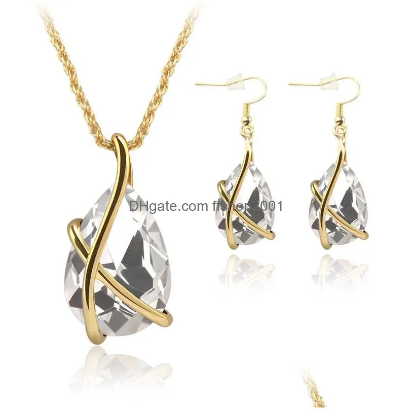 Pendant Necklaces Crystal Water Drop Pendant Necklace Earrings Jewelry Set Gold Chain Diamond Women Necklaces Fashion Will And Sandy G Dhvhl