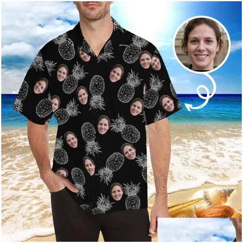 Men`s Casual Shirts YesCustom T-Shirt Pineapple Black Custom Face Cardigan Beach Tee Printed Soft Party Hawaiian Shirt Blouses Tops Pet