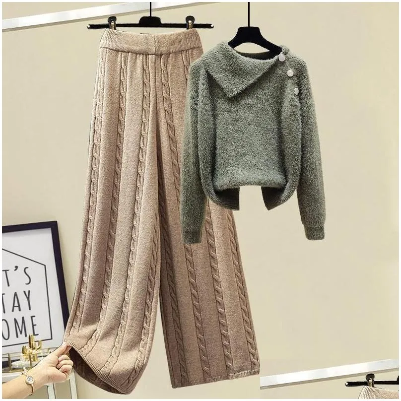 Women`s Two Piece Pants Plus Size Winter Warm 2 Set Women Pullover Sweater Top + Wide Leg Knitted Suit Tracksuit Clothes Outfits