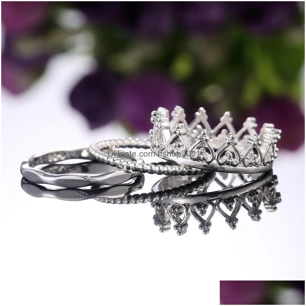 Band Rings Sier Crown Ring 3 In1 Detachable Knuckle Rings Band Women Fashion Jewelry Gift Will And Drop Delivery Jewelry Ring Dhi2Q
