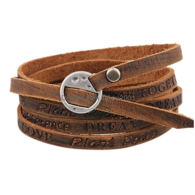 Charm Bracelets Mtilayer Genuine Leather Bracelet Women Men Bracelets Letter Dream Love Peace Be Inspirational Fashion Jewelry Drop De Dhezs