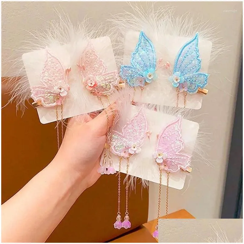 Hair Accessories 1 Pair Elegant Tassel Butterfly Hairpin For Children White Color Feather Side Clip Vintage Hairclip Girl