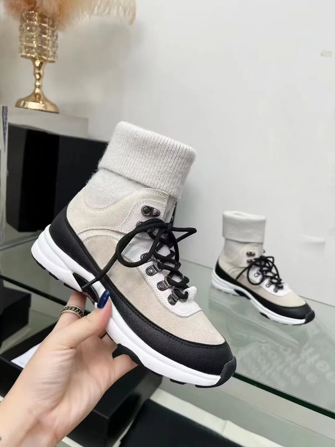 socks boots designer shoe spring autumn fashion womens High top shoes leather thick bottom lady Trainers platform woman Lace up short Sneakers size 35-41 With box