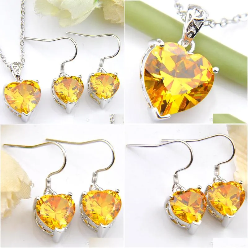 Earrings & Necklace Luckyshine 925 Sier Necklaces And Earrings Jewelry Sets Heart Yellow Citrine Gems For Women Engagement Drop Delive Dh12N