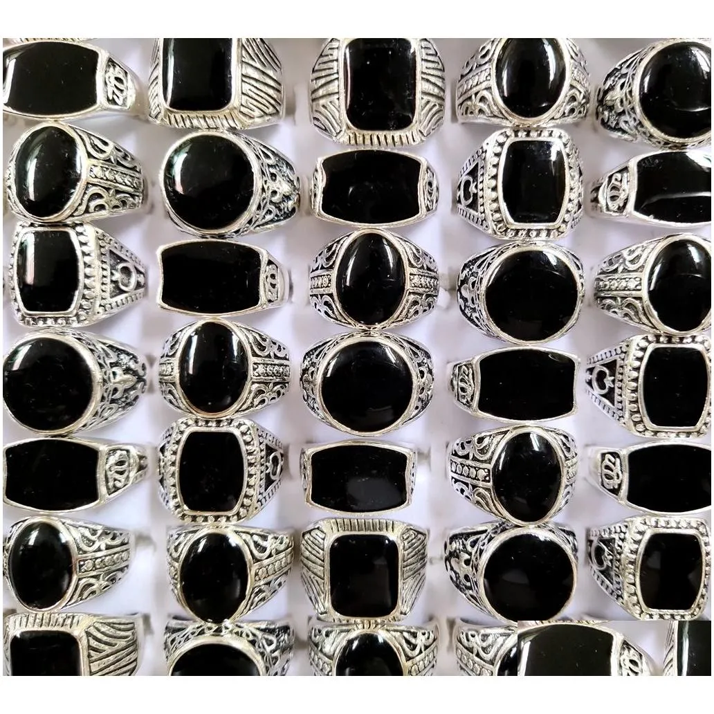 Solitaire Ring Wholesale Lots 30Pcs Design Mix Black Enamel Sier Tone Rings For Men Vintage Man Ring Retro Punk Alloy Jewelry Party Gi Dhrfz