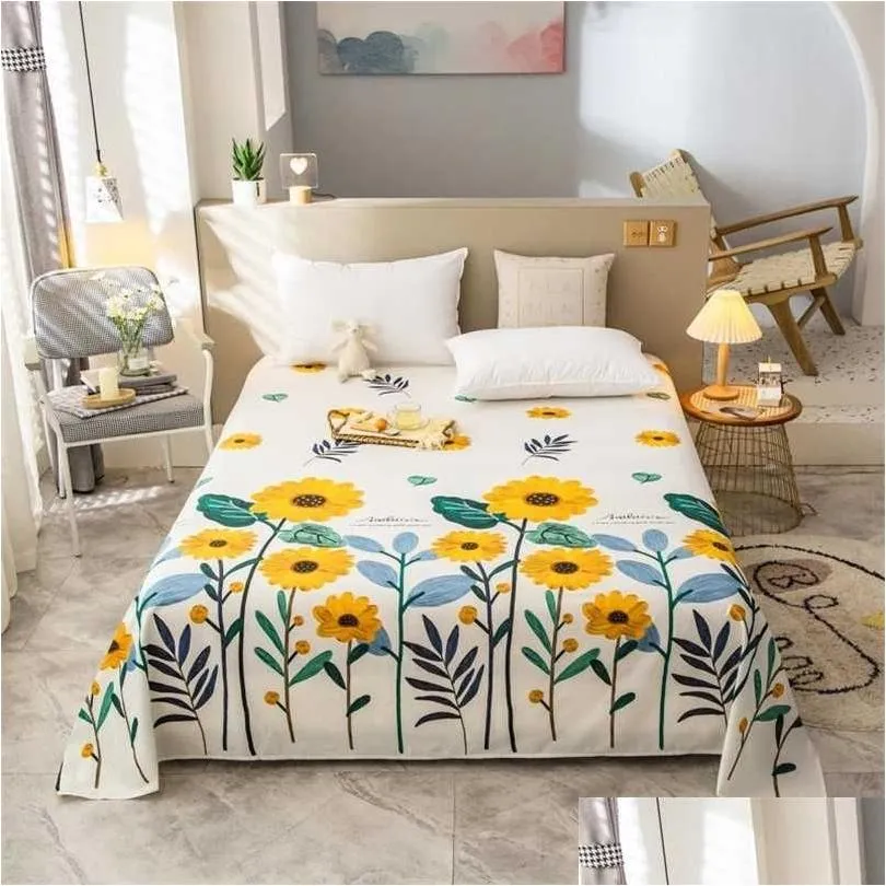 Bonenjoy Pure Cotton Top Sheet Queen King Size Flower Pattern Bed Cover For Double Plain Dyed Flat Sheets No Pillowcase 211110