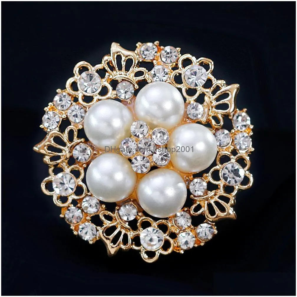 Pins, Brooches Pearl Brooch Gold Crystal Flower Cor Scarf Buckle Dress Suit Pins Women Fashion Jewelry Gift Will And Sandy New Drop De Dh7Dk