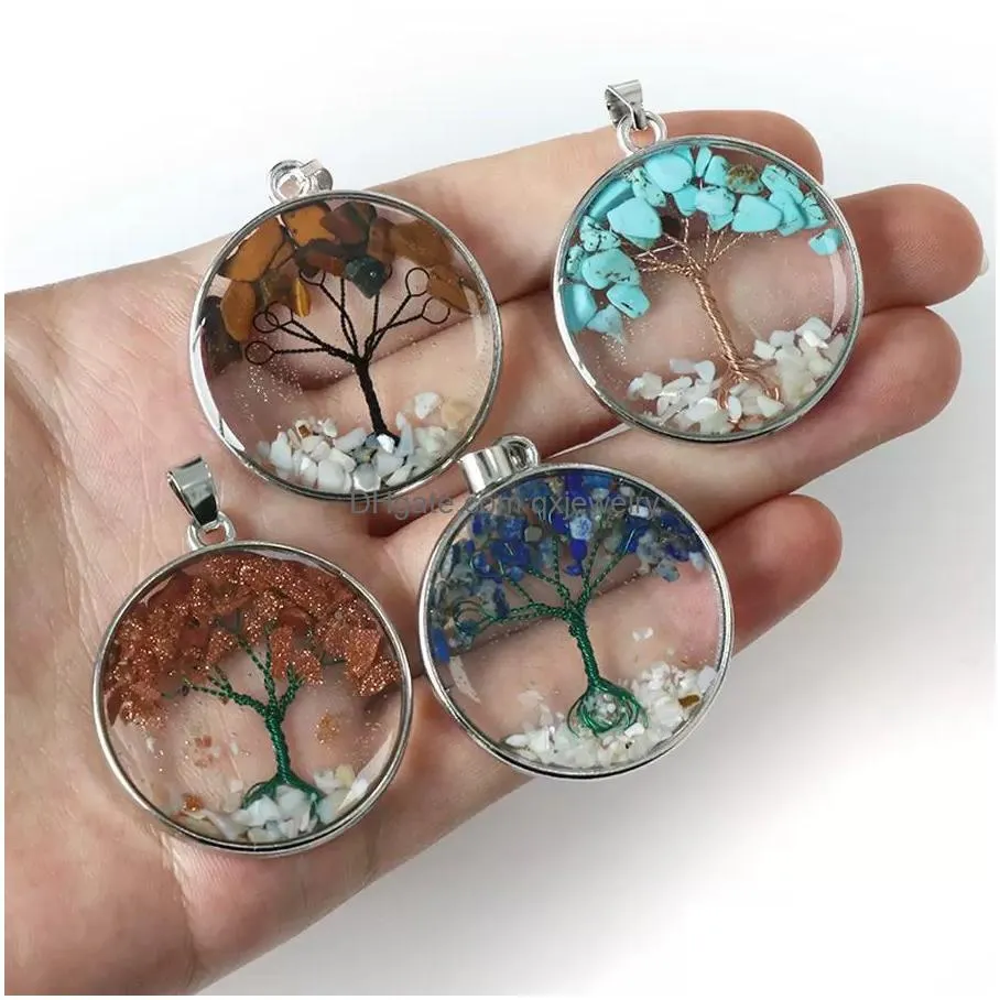 Pendant Necklaces Crystal Tiger Eye Natural Stone Tree Of Life Necklace Round Glass Terrarium Pendant Necklaces For Women Children Fas Dhr0L