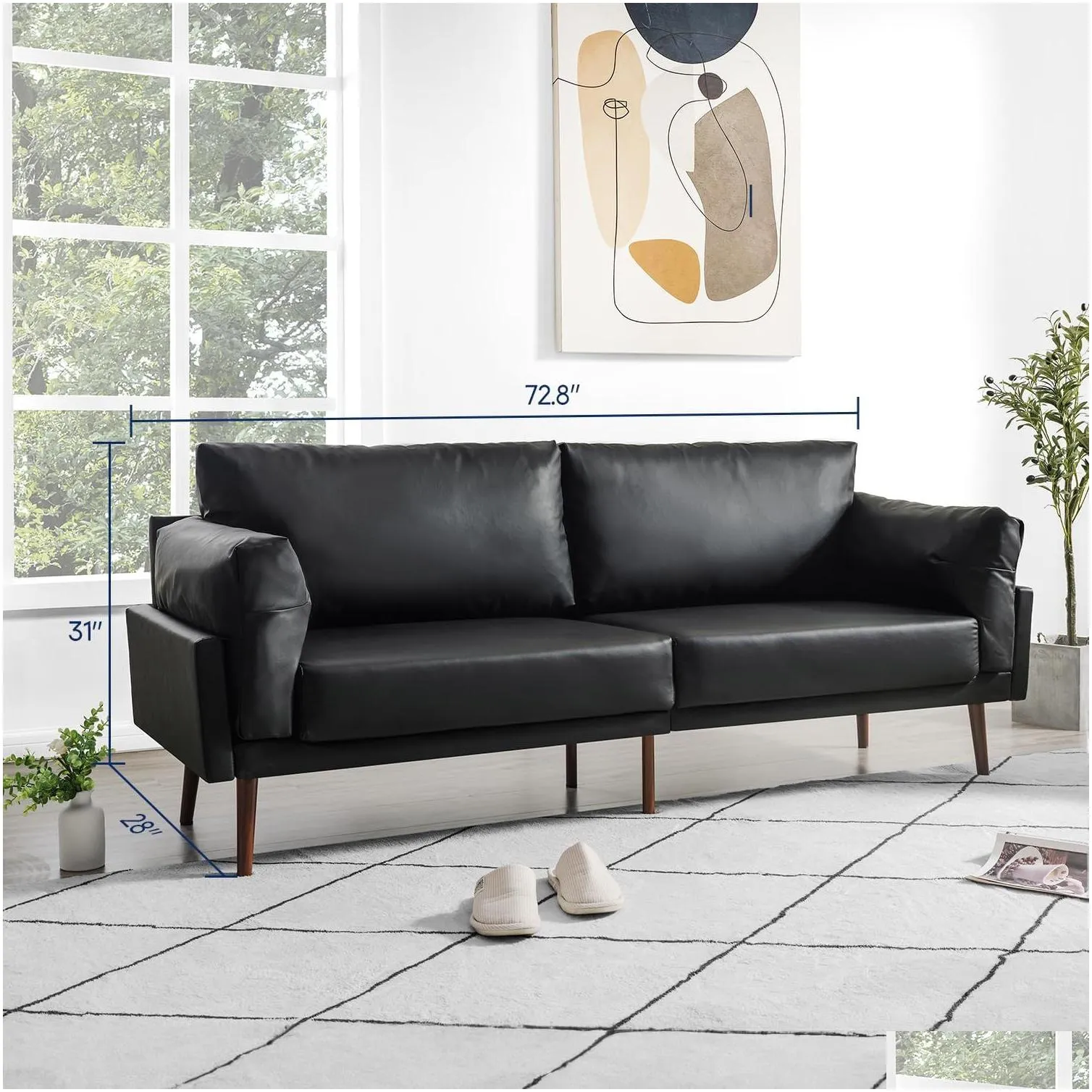 Vonanda Flora Sofa, Faux leather sofa Caramel, 3 seat sofa with soft cloud cushion, 72 inch sofa durable in small space, house, living