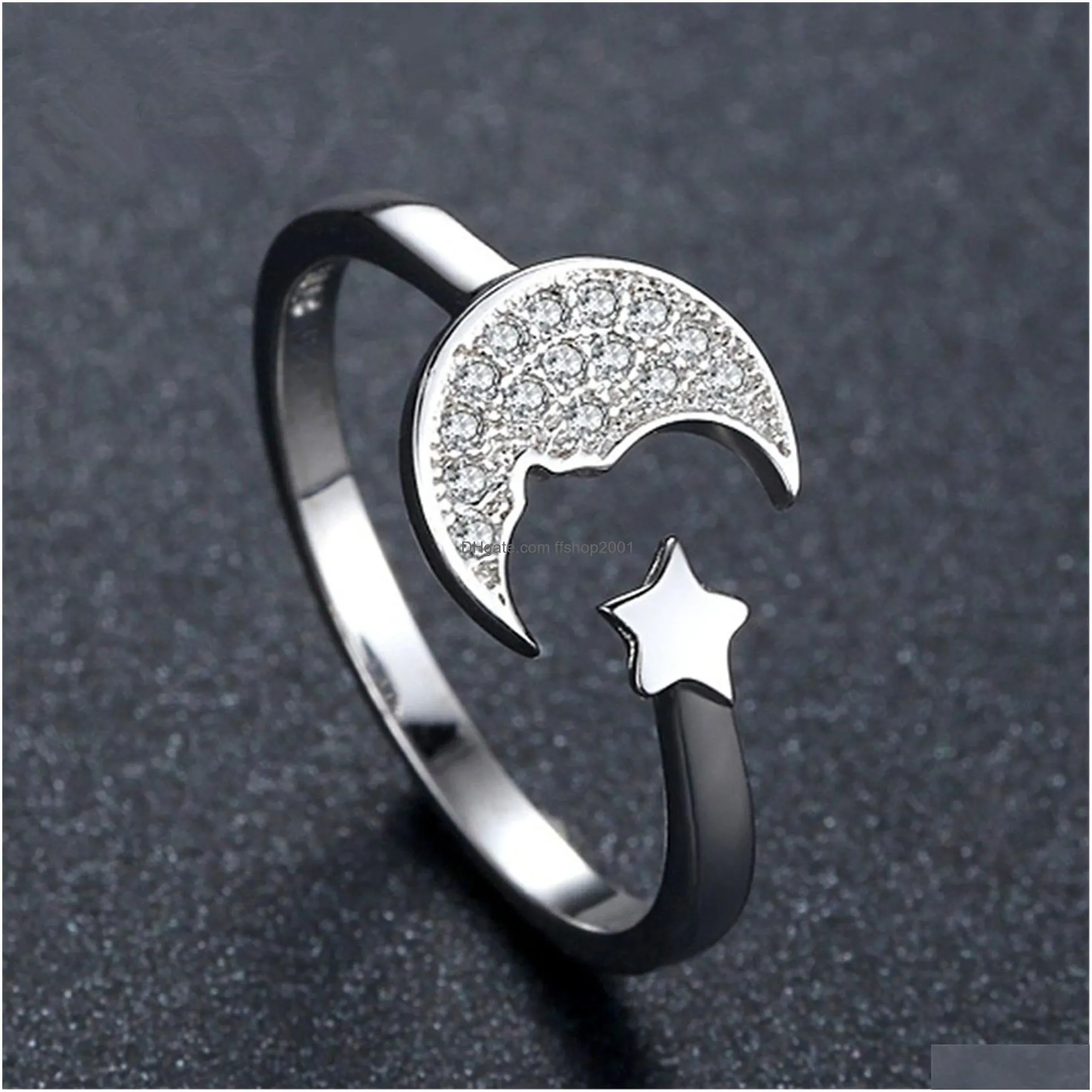 Cluster Rings Crystal Moon Star Rings Sier Open Adjustable Ring Fashion Jewelry Gift Will And Drop Delivery Jewelry Ring Dhkuv