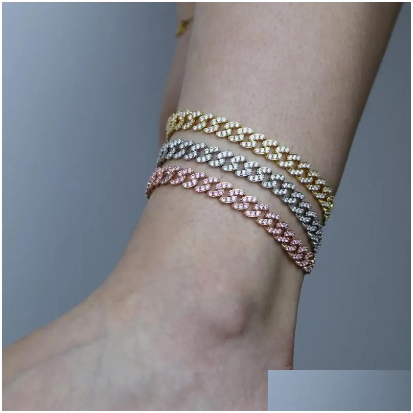 Anklets HipHop 9MM Iced Out Bling CZ  Cuban Link Chain Anklet Rose Gold Pink Stone Silver Color Women Fashion JewelryAnklets