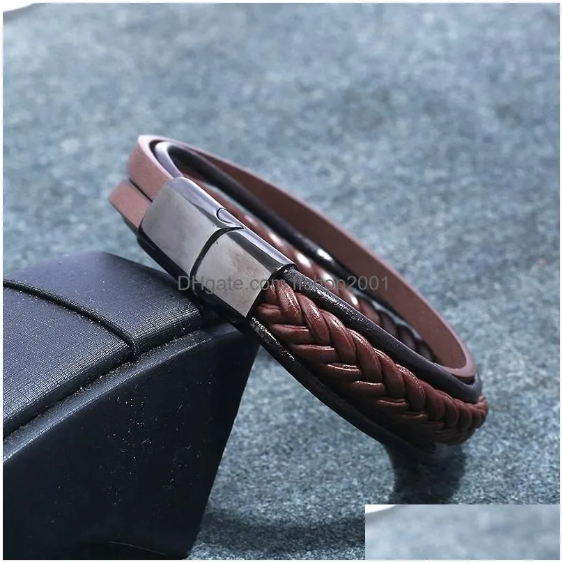 Charm Bracelets Retro Mens Leather Braided Bracelet Mtilayer Stainless Steel Clasp Bracelets Fashion Jewelry Will And Sandy Gift Drop Dhvek