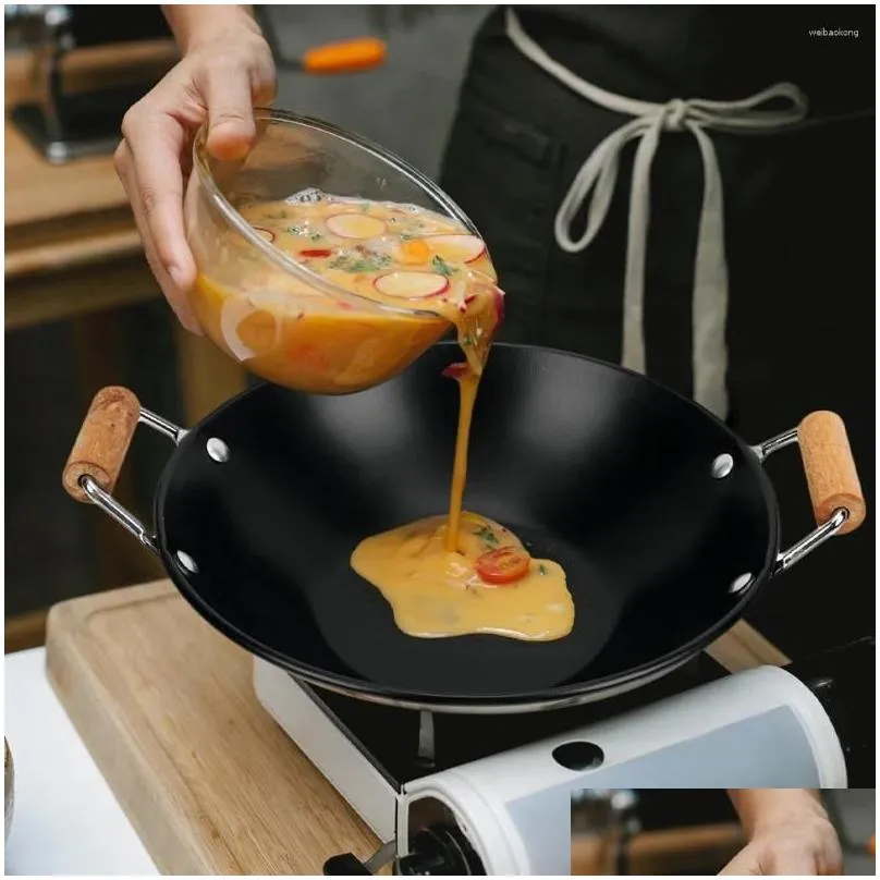 Pans 2 Pcs Stainless Steel Griddle Kitchen Cookware Pot Cooking Saute Pan Metal Household Wooden Handle Nonstick Lid Noodle Wok