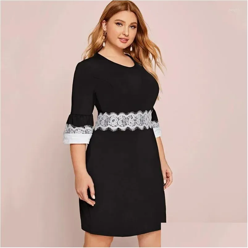 Plus Size Dresses Spring Autumn Elegant Party Dress Women 3/4 Sleeve Lace Panel Sheath Business Large Black And White