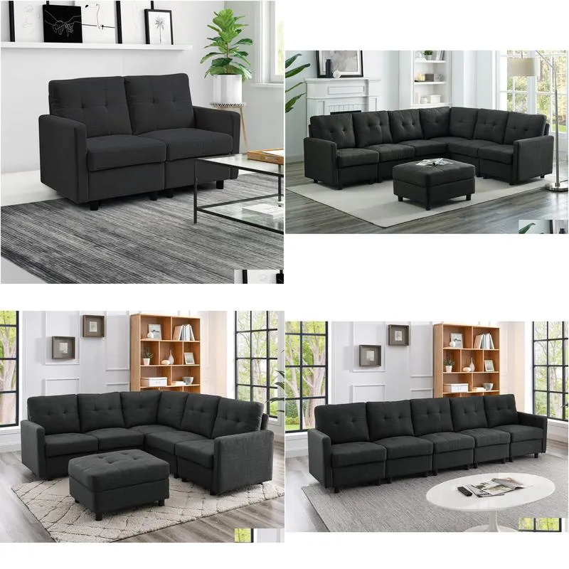 Sectional Sofa Set Modern Linen Fabric with Reversible Chaise L-Shaped Couch