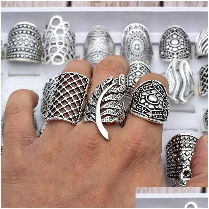 Band Rings Women Bohemian Vintage Carved Flower Sier Plated Jewelry Rings For Gift Party Size 17Mm To 21Mm Mix Drop Delivery Jewelry R Dhaxz