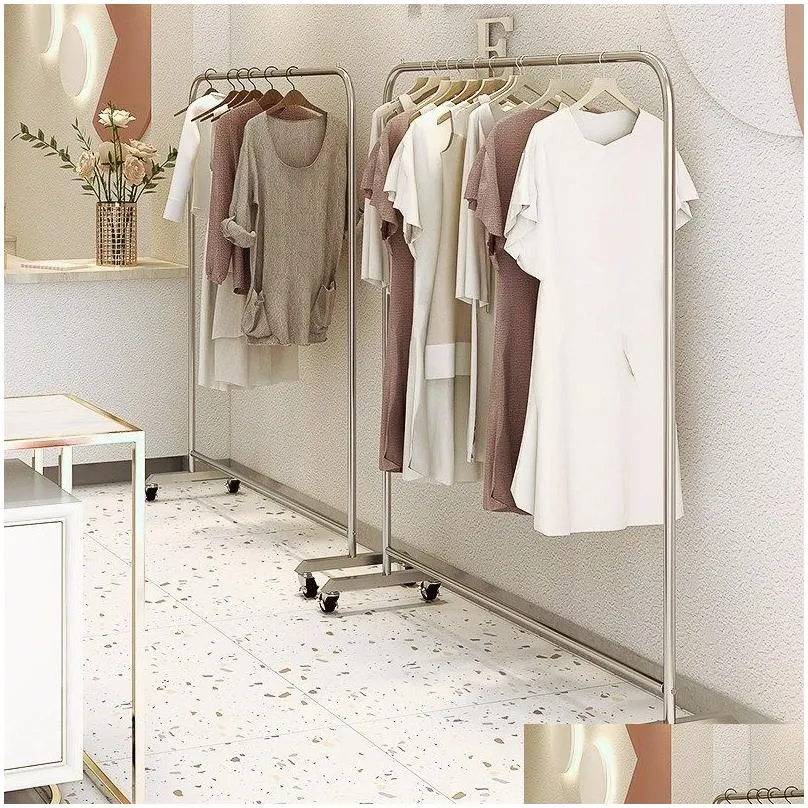 Silver stainless steel clothes rack with wheels bedroom furniture clothing bags display shelves House decoration floor hanger shop