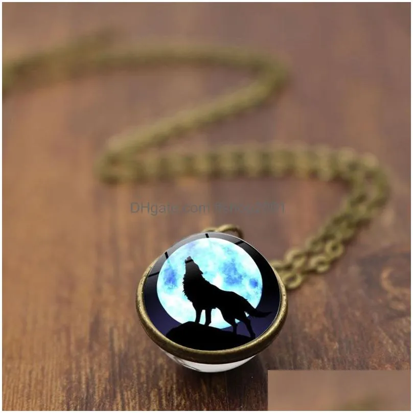 Pendant Necklaces Fashion Howling Wolf Moon Necklaces Double Sided Glass Ball Time Gemstone Pendant Necklace Sier Bronze Chains Jewelr Dhwdz