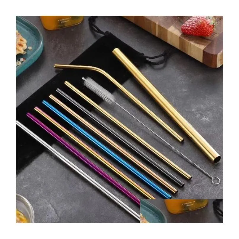 304 Stainless Steel Straw 6*215 mm Drinkware Reusable Colorful Drinking Straws Metal Straight Bent With Case Cleaning Brush Set Party Kitchen Accessory Boutique