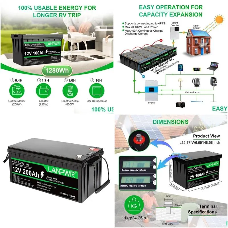 LANPWR 12V 200Ah LiFePO4 Lithium Battery Pack Backup Power, 2560Wh Energy, 4000+ Deep Cycles, Built-in 100A BMS, 46.29lb light weight, Support in