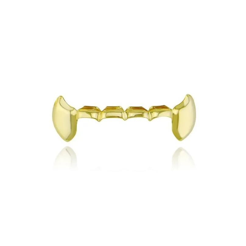 Grillz, Dental Grills Hip Hop Smooth Grillz Real Gold Plated Dental Grills Vampire Tiger Teeth Rappers Body Jewelry Four Colors Golden Dh529