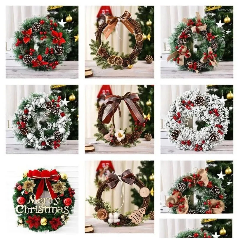 Decorative Flowers Christmas Garland Rattan Wreath With Light Xmas Ball Ornament Hanging Decoration For Year Party Home Wall Room