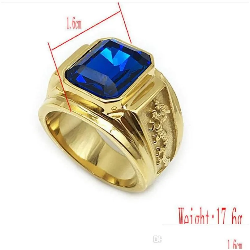 fashion retro gold dragon totem stainless steel rings for men blue rhinestone rings of size 7 8 9 10 11 12