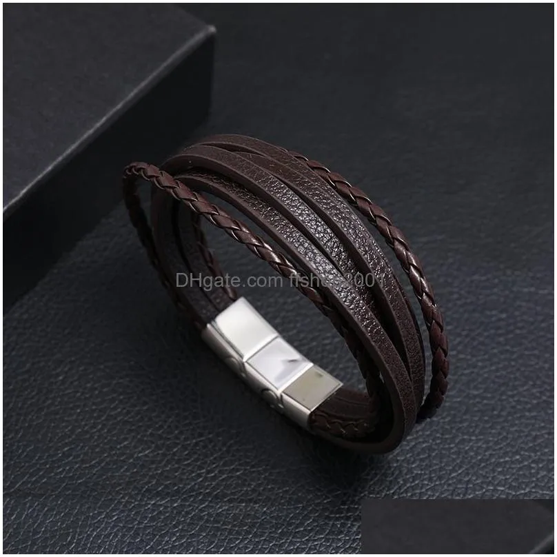 Charm Bracelets Retro Leather Mti Layer Wrap Bracelet Stainless Steel Buckle Bracelets Fashion Mens Bangle Cuff Wristband Jewelry Will Dhxkj