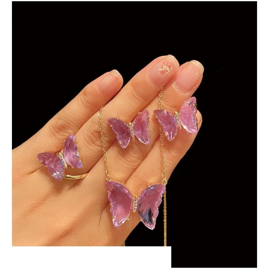 Pendant Necklaces Fashion Dream Girl Sweet Mticolor Translucent Glass Butterfly Ring Crystal Necklace Earring Set Drop Delivery Jewelr Dhx8C