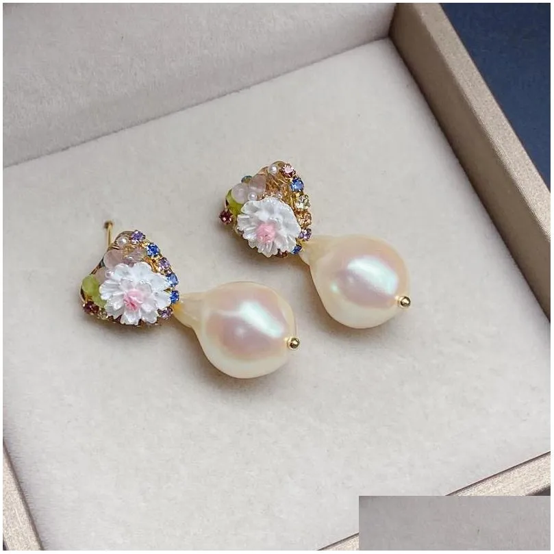 Stud Earrings EVACANDIS Handmade Designer Women`s Floral Baroque Pearl Colorful Sparkly Zircon Plated S925 Silver Needle