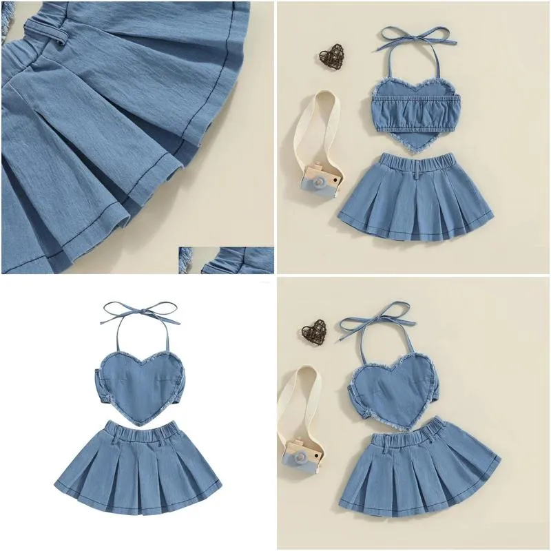 Clothing Sets Pudcoco Toddler Kids Baby Girls 2Pcs Denim Outfits Sleeveless Halter Neck Heart Tops Pleated Skirt Set Kid Clothes 1-6T