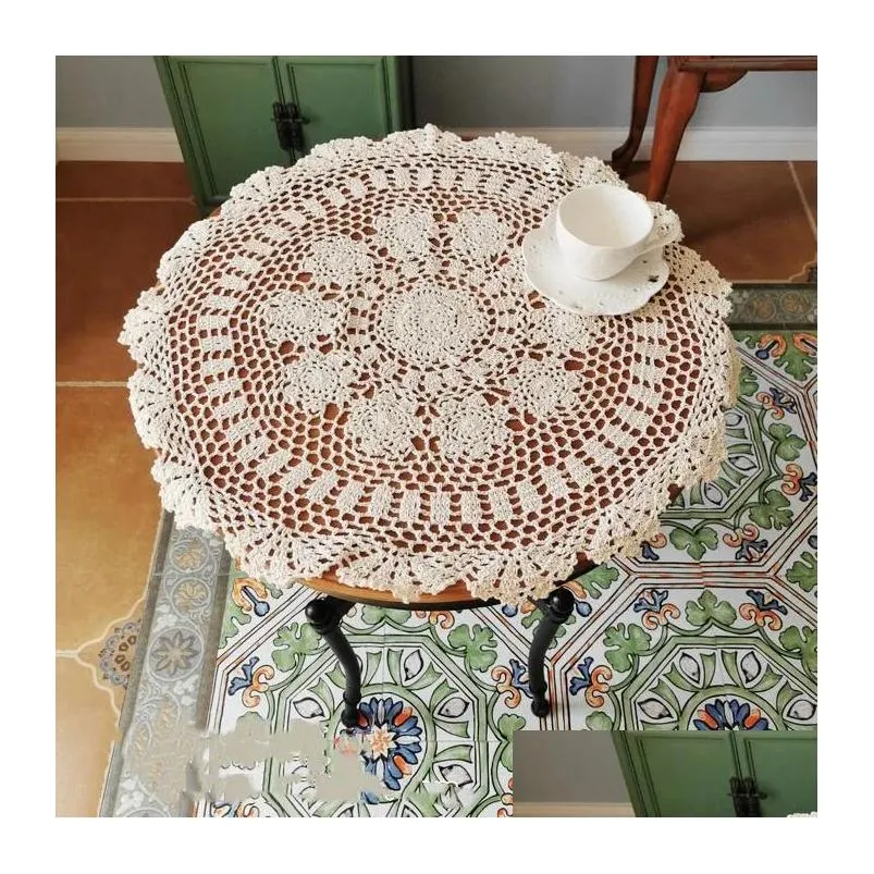 Table Mats 2 Pcs Cotton Handmade Crochet Lace Tablecloth Doilies Overlay Placemats Round