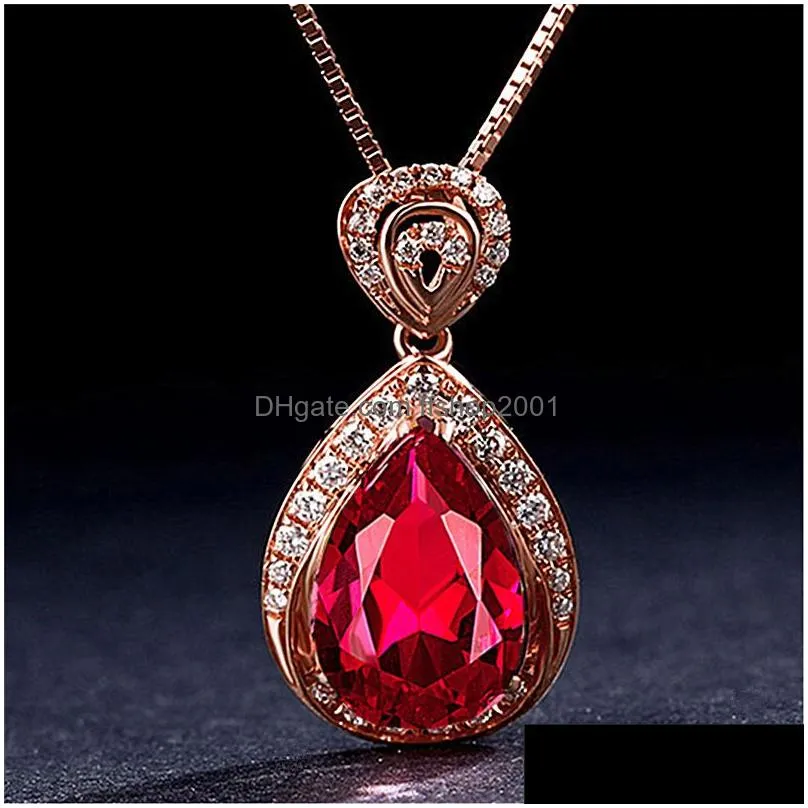 Pendant Necklaces Red Gemstone Water Drop Necklace Rose Gold Chains Diamond Pendant Necklaces Women Wedding Jewelry Will And Sandy Gif Dhcou