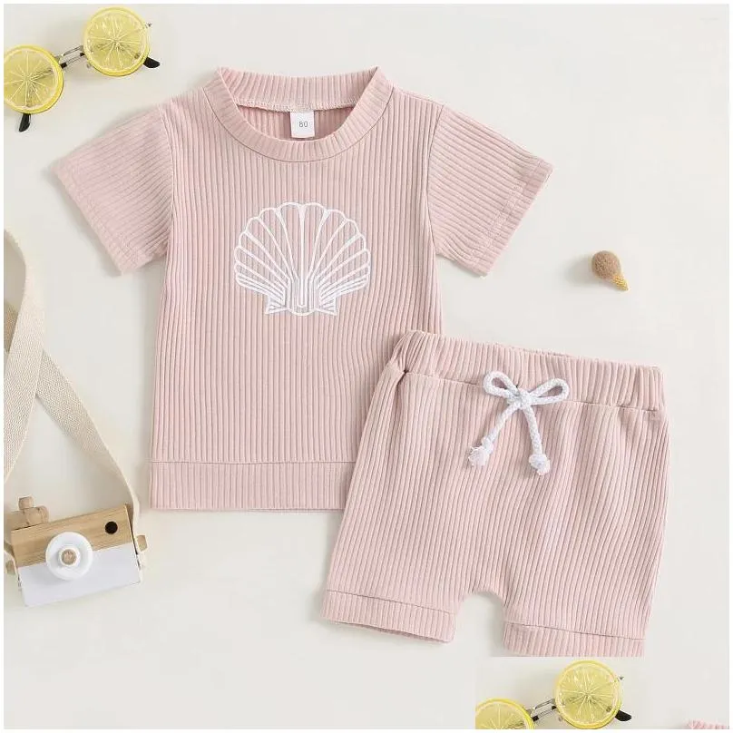 Clothing Sets 2023 0-3Y Baby Girl Boy Summer Outfits Print Crew Neck Short Sleeve Rib Knit Shell/Sun/Coconut Tree Top Elastic Waist